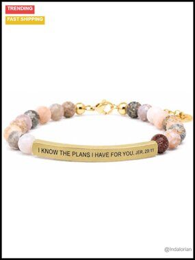 Inspirational Natural Gemstone Stretch Bracelet, Engraved Stainless Steel Bar,